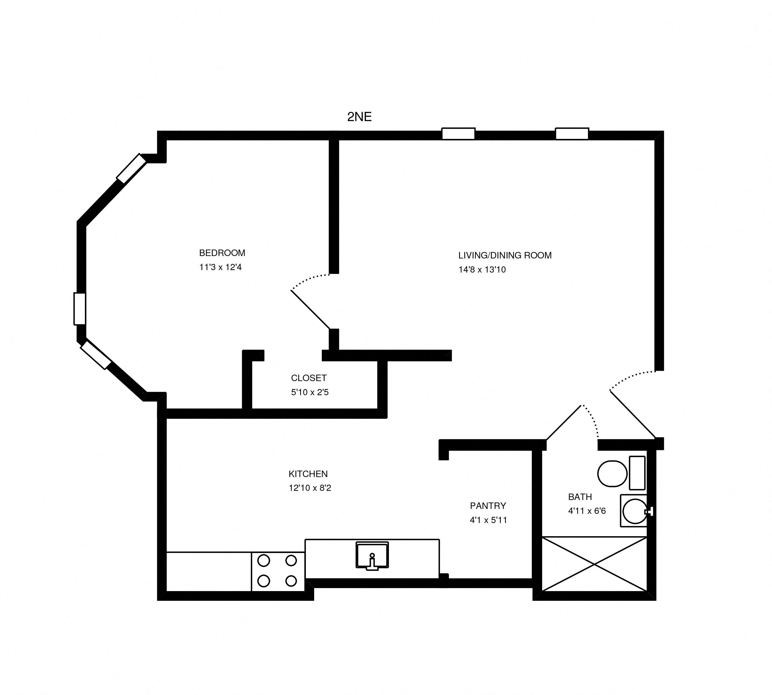Floor plan for 1 bed, 1 bath, 480 sqft